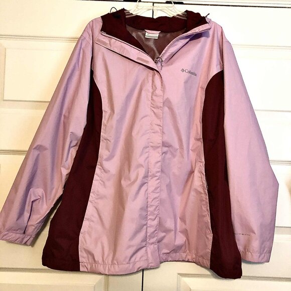 New COLUMBIA Omni-Tech Arcadia II Hooded Rain Jacket Colorblock Pink\Burg 2X - Picture 5 of 8